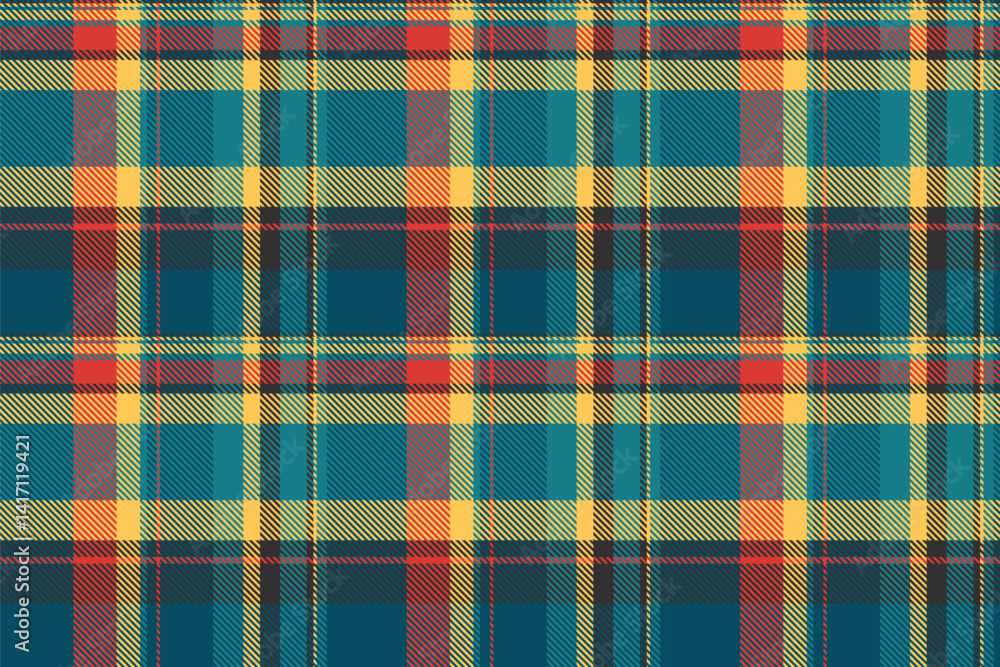 Tie tartan background pattern, colour check seamless fabric. Veil vector texture plaid textile in cyan and amber colors.