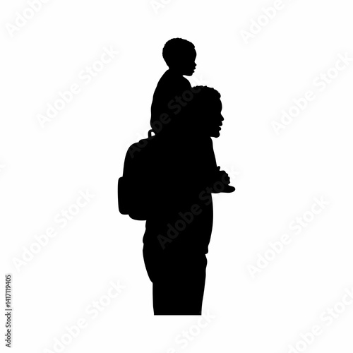 vector illustration of the silhouette of a father carrying his child home from school