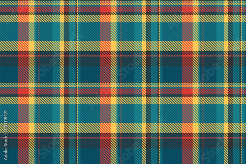 Tie tartan background pattern, colour check seamless fabric. Veil vector texture plaid textile in cyan and amber colors.