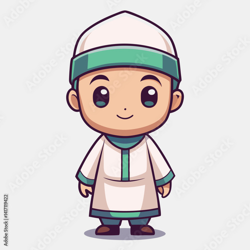 Cute cartoon boy wearing a traditional Muslim cap and outfit