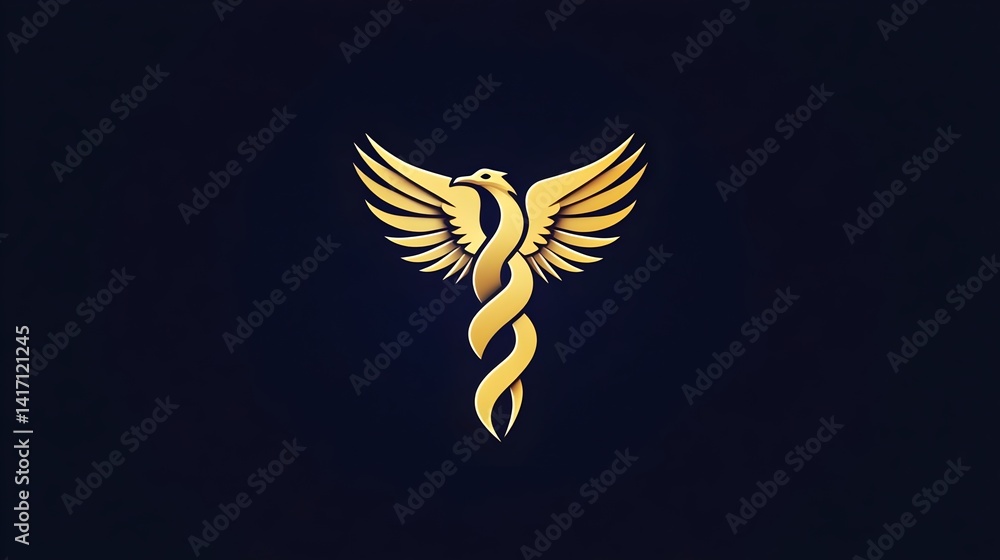 Obraz premium A minimal logo of a medical esculaap transforming into an abstract bird. Concepts: Medicine, healthcar, transformation, leadership, identity, symbolism, branding, unity, creativity.