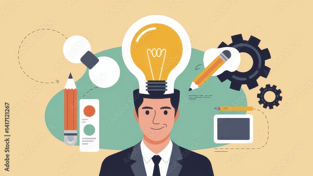 Flat-style digital illustration depicting the creative process or brainstorming. Character with a glowing simple lightbulb icon above their head Flat-style digital illustration depicting the creative process or brainstorming. Character with a glowing simple lightbulb icon above their head