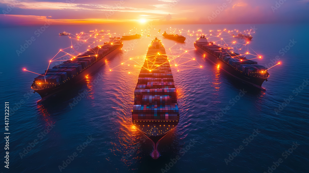 Fototapeta premium Global Connectivity: Cargo ships navigate the ocean at sunset, interconnected by a web of light, symbolizing the seamless flow of trade and the power of global connections.