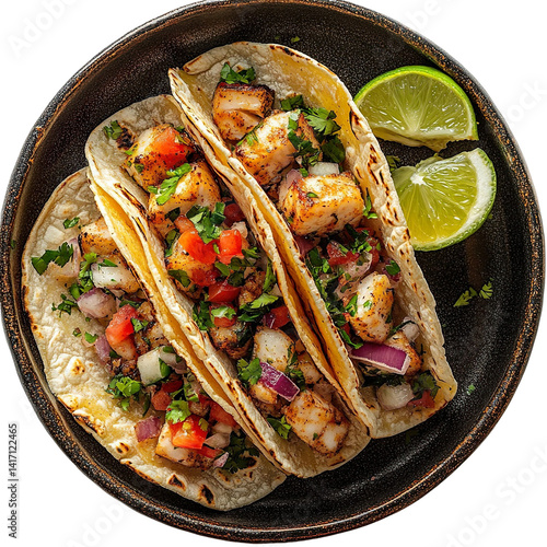 Top view of a delicious looking tacos de pescado on a dark ceramic dish isolated on a white transparent background.