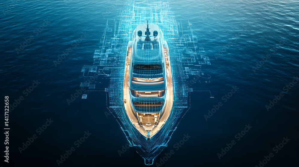 Luxury Yacht and Digital Overlay: A top-down view showcases a sleek luxury yacht gracefully gliding across the pristine sea. Luxury Yacht and Digital Overlay: A top-down view showcases a sleek luxury yacht gracefully gliding across the pristine sea.