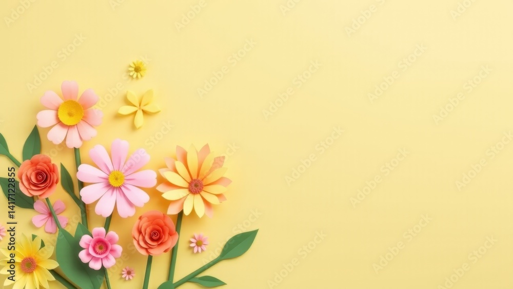 Naklejka premium Colorful Paper Flowers On Yellow Background