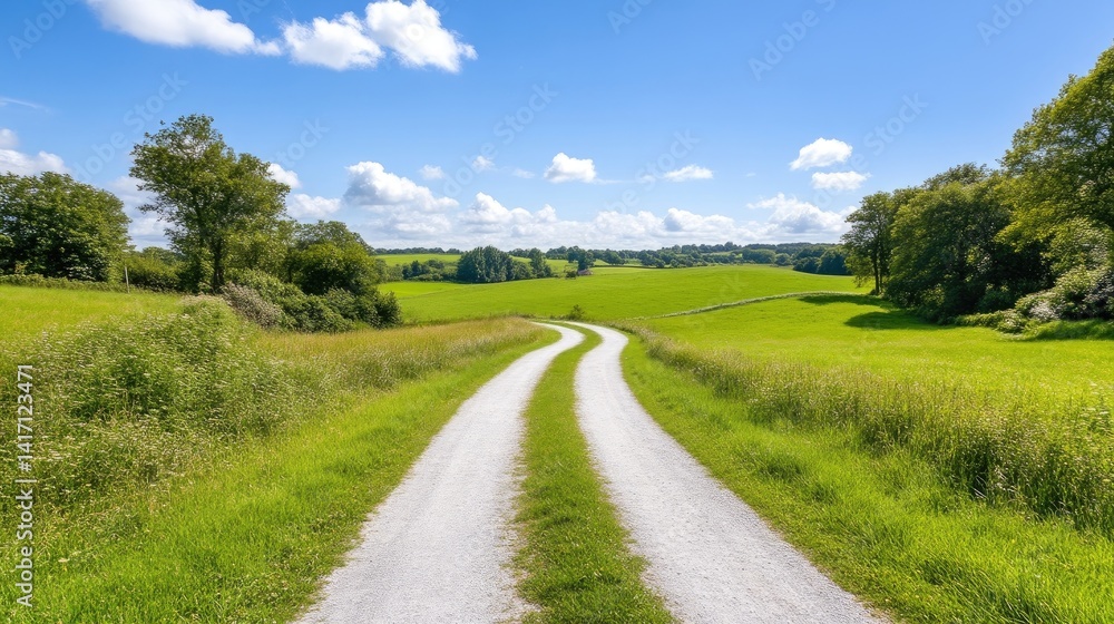 Scenic Country Lane Winding Through Lush Green Fields Scenic Country Lane Winding Through Lush Green Fields