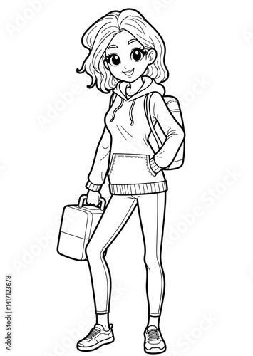 Fashionable girl smiling with backpack and lunchbox in casual style  