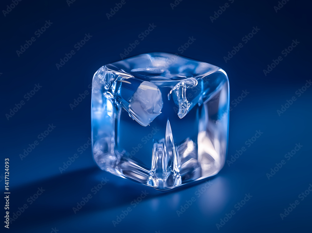 Ice Cube in the Spotlight: A transparent ice cube, captured in exquisite detail, gleams against a captivating deep blue backdrop, its crystalline structure and internal beauty revealed.