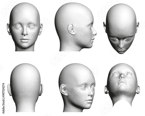 A series of six white heads, each with a different views. The heads are all in profile, with the eyes and nose clearly visible. Scene is somewhat somber