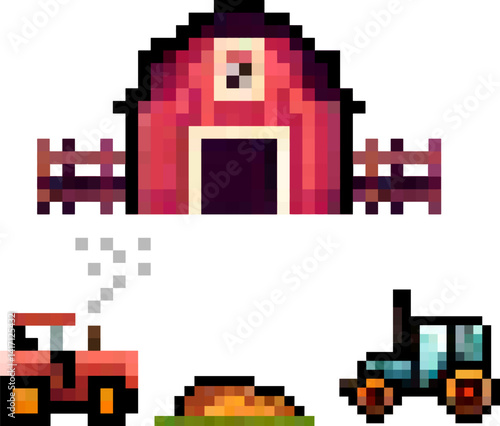 Tractor and barn pixel art vector.
