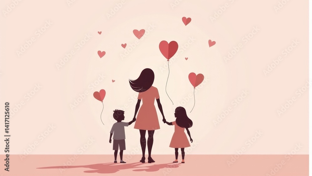 Mother With Children, Heart Balloons Illustration Mother With Children, Heart Balloons Illustration