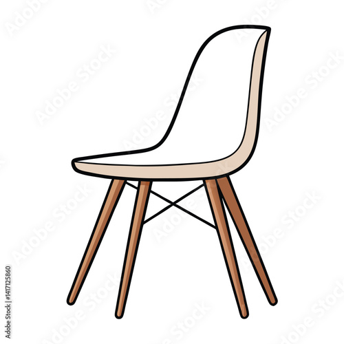  a vector line art illustration of a modern chair with wooden legs and a white seat