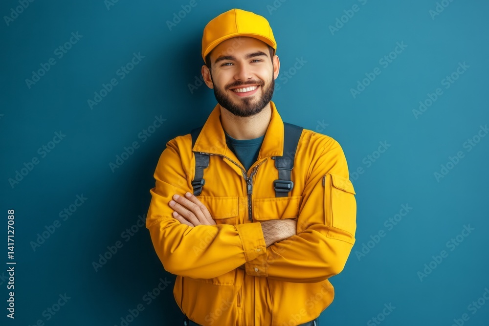 Portrait of a happy worker in yellow uniform standing confidently Portrait of a happy worker in yellow uniform standing confidently