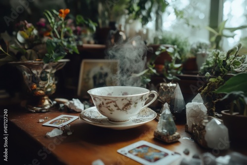 Steaming Cup and Tarot Cards in Cozy Indoor Garden Setting with Crystals.