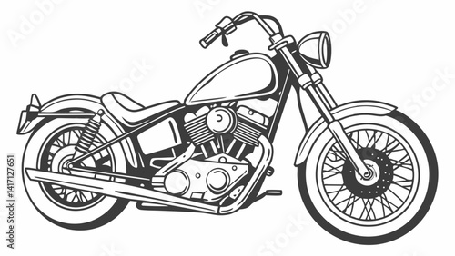 A detailed technical-style black and white drawing of a cruiser motorcycle, focusing on mechanical parts and frame structure