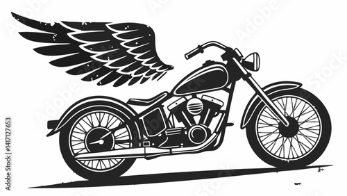 A grunge-style black and white poster image of a cruiser bike with wings