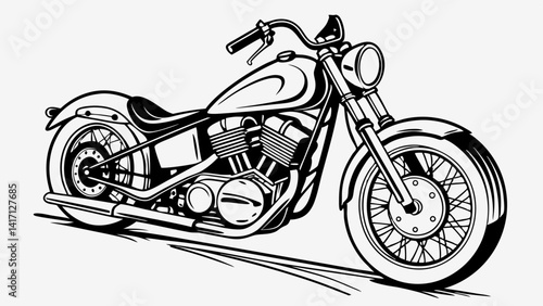 A high-contrast black and white line art of a custom cruiser bike, emphasizing the engine and exhaust pipes
