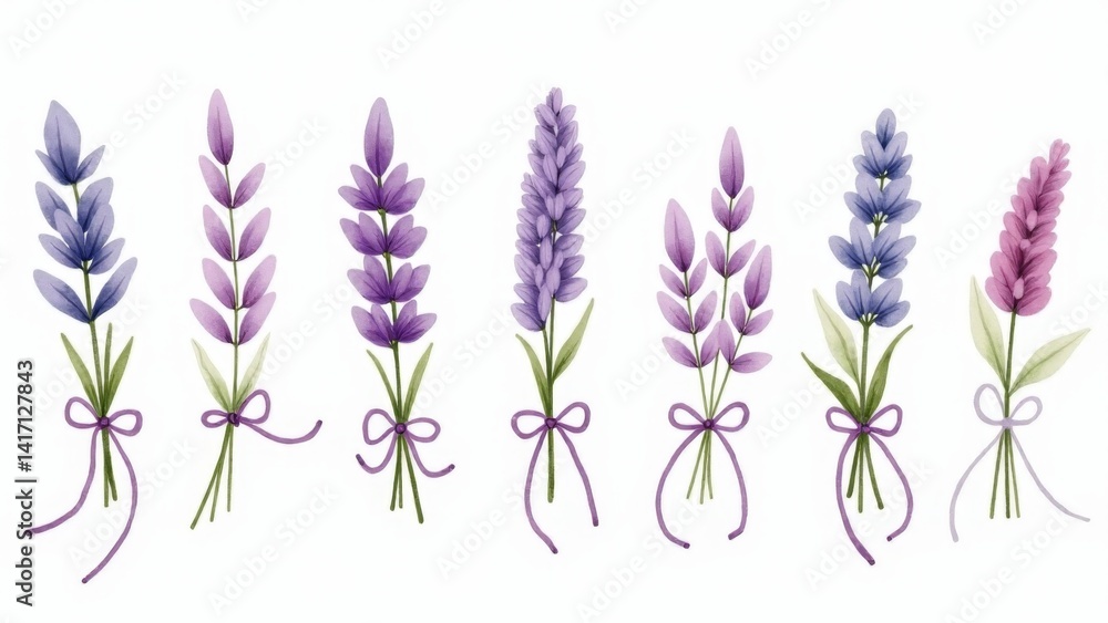 Naklejka premium Watercolor Lavender Flowers Collection On White