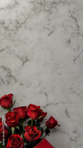 A vibrant arrangement of red roses rests on a smooth marble surface, perfect for romantic gestures or celebrations