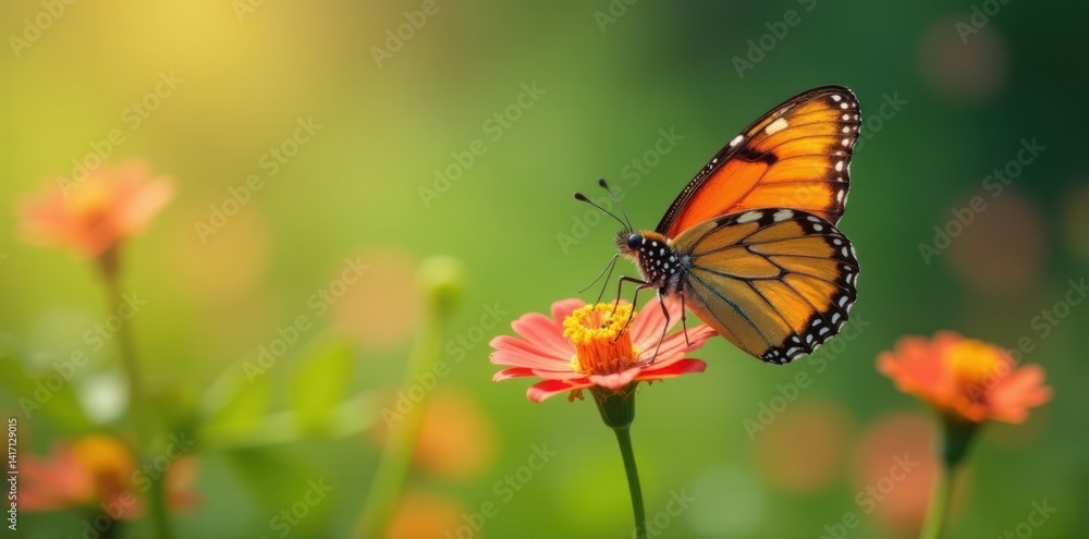 Fototapeta premium A Butterfly Sipping Nectar from a Flower in a Meadow, meadow, garden