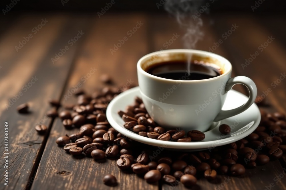 Fototapeta premium Coffee cup sits on vintage wooden table surrounded by aromatic coffee beans, espresso, wood, coffee