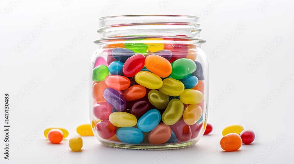 A clear glass jar filled with a bright and diverse mix of colorful jelly beans, with a few scattered around it on a white surface. A clear glass jar filled with a bright and diverse mix of colorful jelly beans, with a few scattered around it on a white surface.