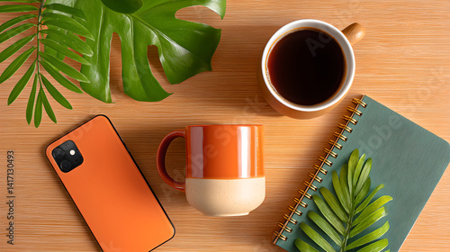 Terracotta and Beige Mug with Coffee and Notebook on Wooden Table