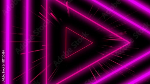 Energetic video footage of glowing neon pink triangles with motion streaks on a dark background. A fast-paced and futuristic animation perfect for intros, sci-fi themes, or music visuals.