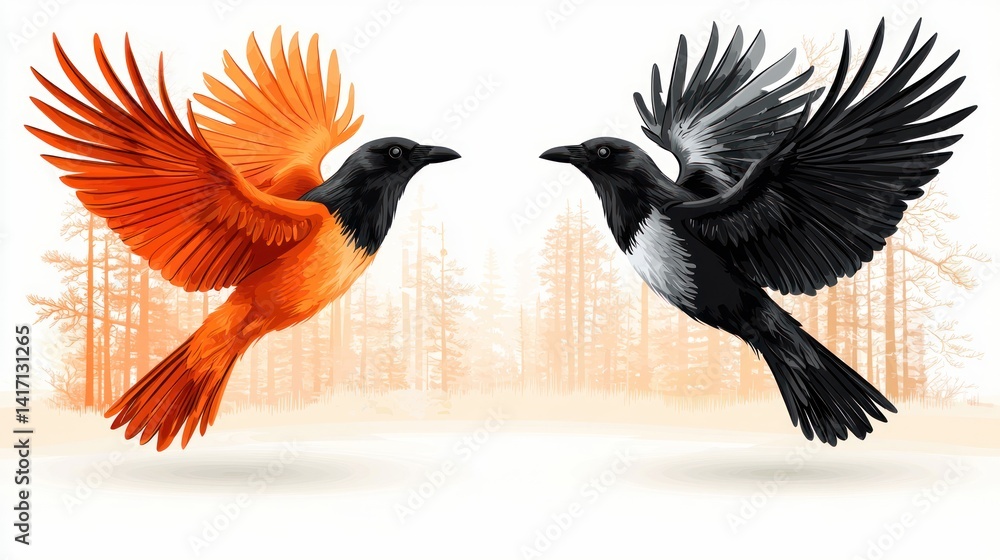 Fototapeta premium Majestic Flight: Two Birds in Flight Against a Forest Backdrop
