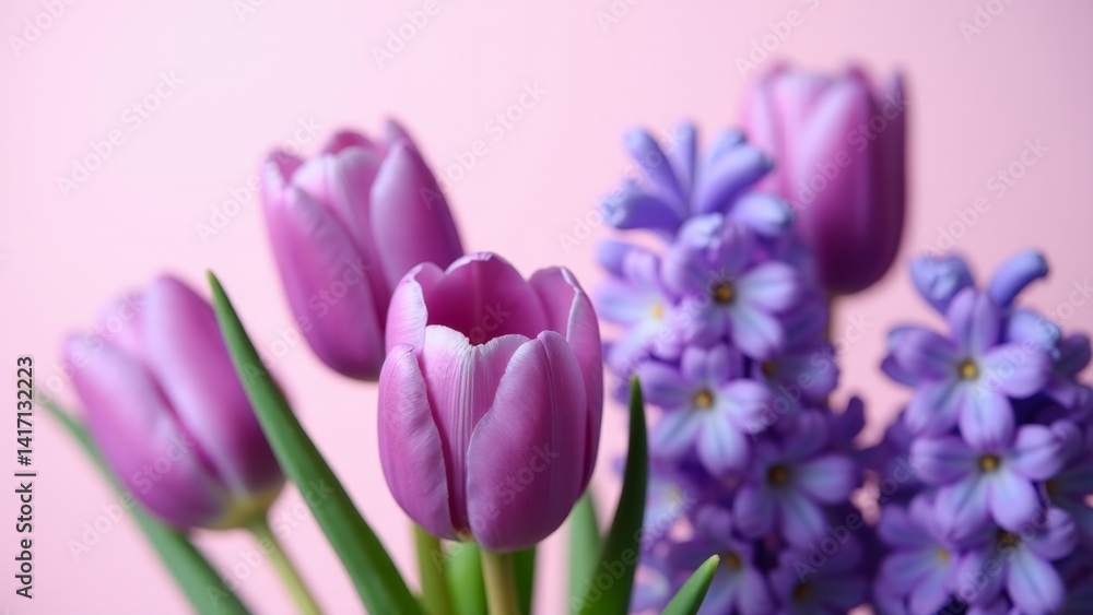 Fototapeta premium Purple Tulips And Hyacinth On Pink