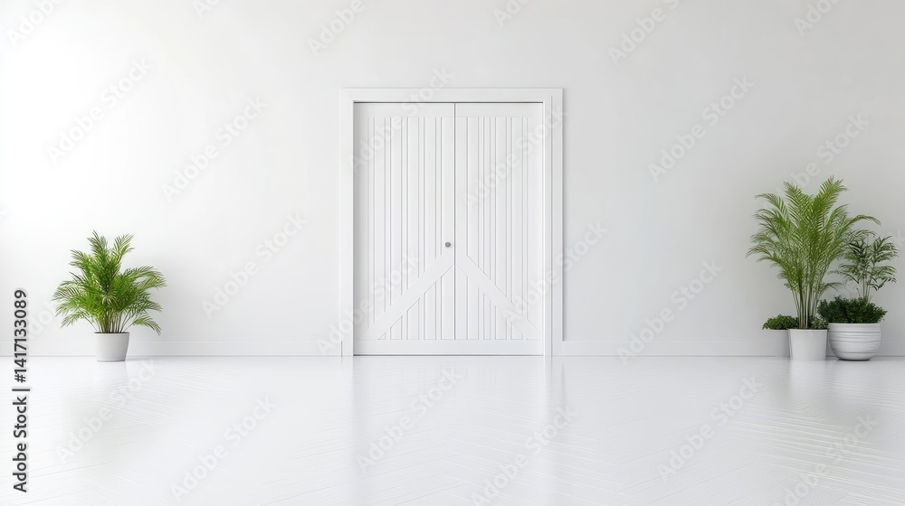 Modern minimalist interior, empty room with door and plants Modern minimalist interior, empty room with door and plants