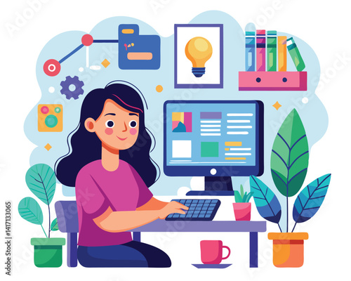 Woman Working on Computer at Desk. Creative Workspace Illustration