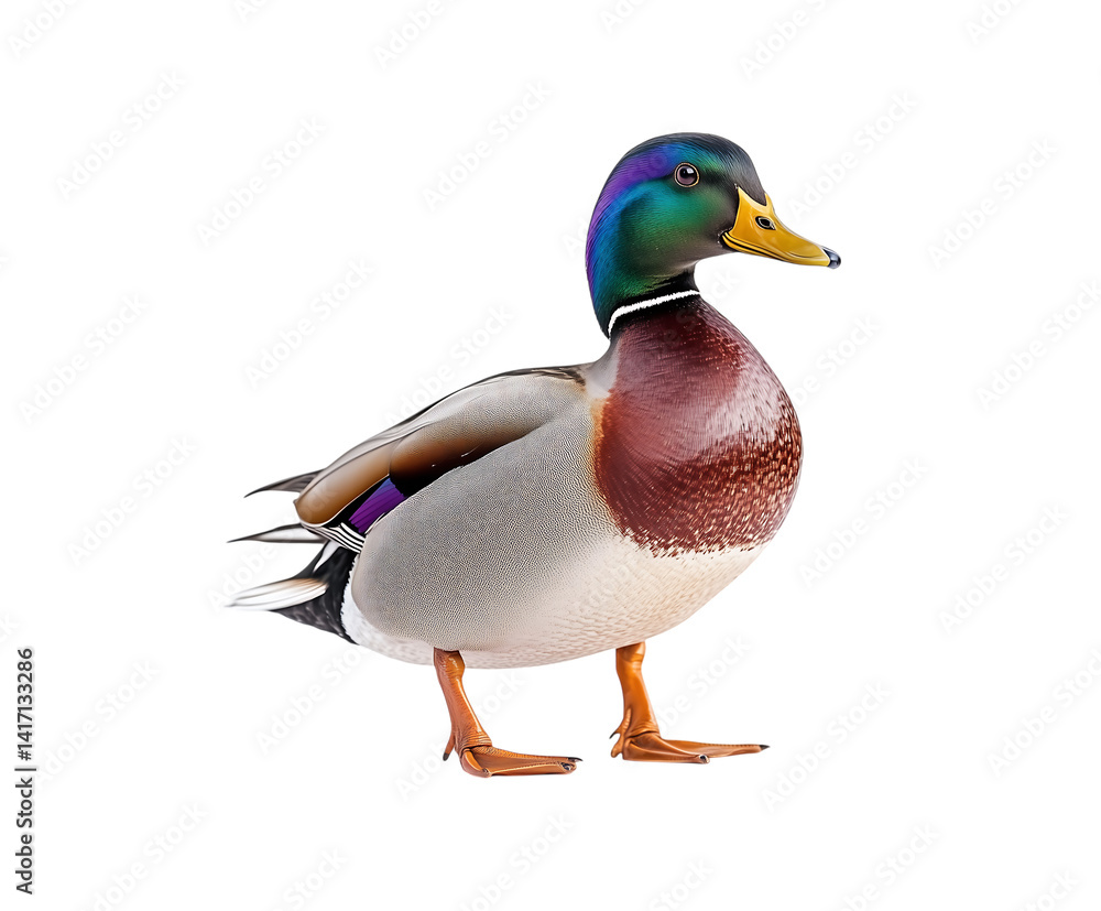 Obraz premium A mallard duck, a wild bird with green and brown feathers, is isolated on transparent background