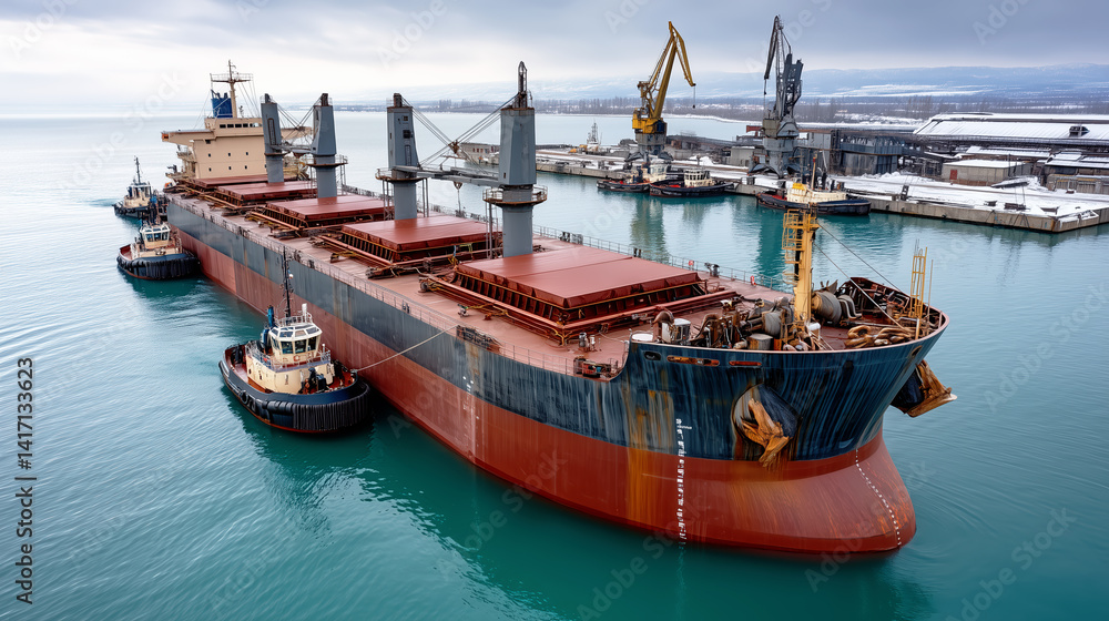 Fototapeta premium Large cargo ship maneuvering with tugboat assistance in a snowy industrial port with striking turquoise water.