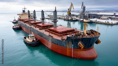Large cargo ship maneuvering with tugboat assistance in a snowy industrial port with striking turquoise water.