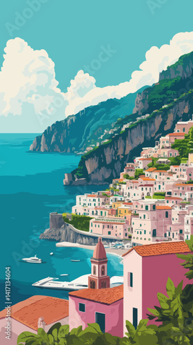 Vintage Amalfi Coast Italy Travel Poster in Retro Style Illustration
