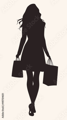 Minimalist Silhouette of Woman Shopping with Bags - Elegant Shopping Vector Illustration