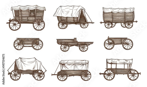 Wild West Pioneer Wagons Sketch Set for Vintage Transport Illustrations