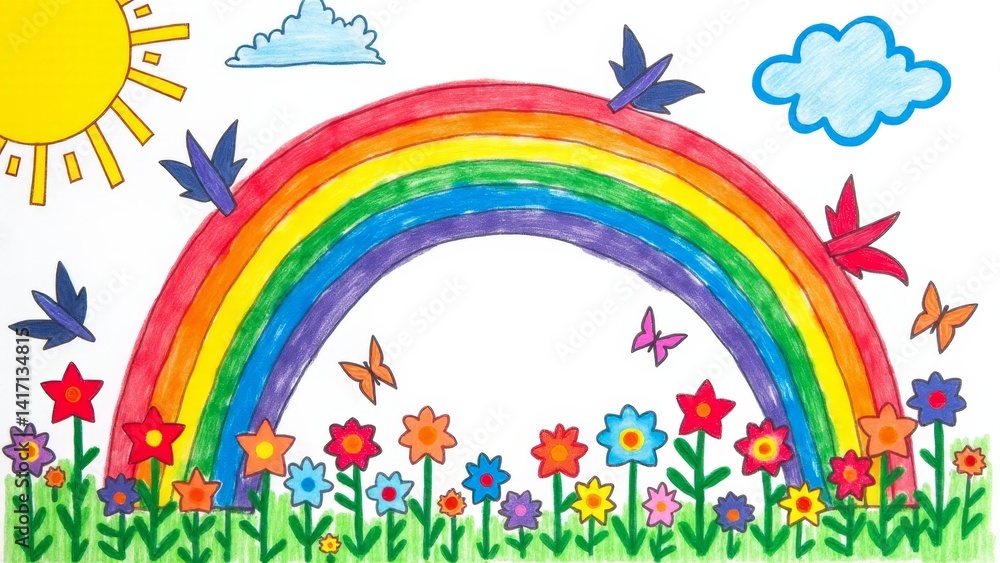Naklejka premium Childlike Drawing Of Rainbow, Sun, And Flowers