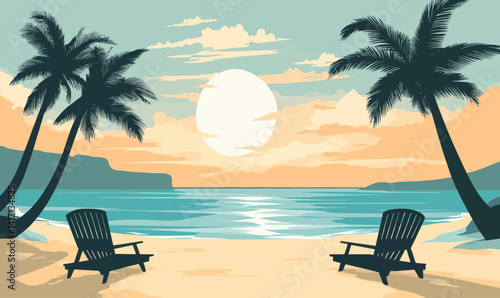 Tropical Beach Illustration: Tranquil Scene with Palms, Turquoise Waters, and Sun Loungers