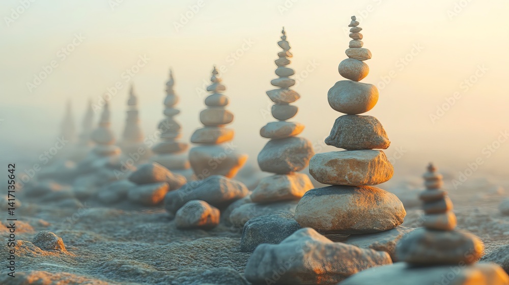 Obraz premium A serene landscape featuring multiple stone cairns arranged in a line disappearing into the fog