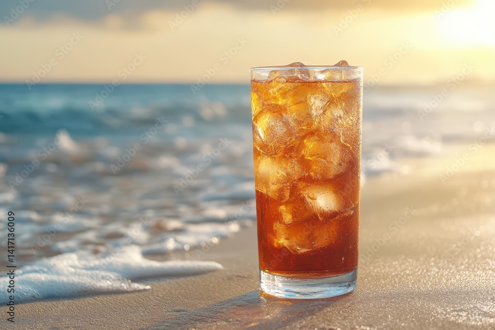 Iced tea on the beach with waves, sand and sunlight background. Showcases relaxation, summer vacations, and the refreshing taste of tea. Iced tea on the beach with waves, sand and sunlight background. Showcases relaxation, summer vacations, and the refreshing taste of tea.