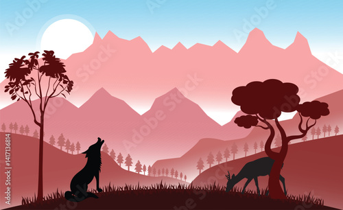landscape of a beautiful hill with some shadows tree and  fox , deer vector design clean and unique latest illustration