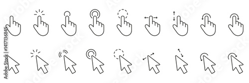 Cursor And Pointer Line Icon Set. Click And Gesture Outline Symbol Collection. Editable Stroke. Isolated Vector Illustration