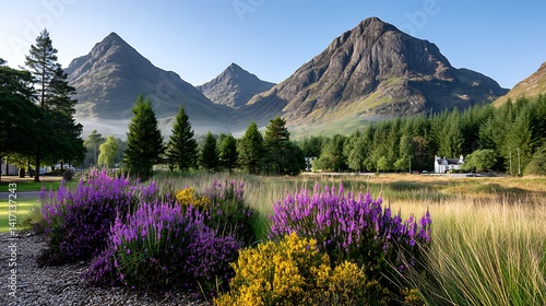 Majestic Scottish Glen at Dawn with Mist Rising from Heather in Serene Landscape