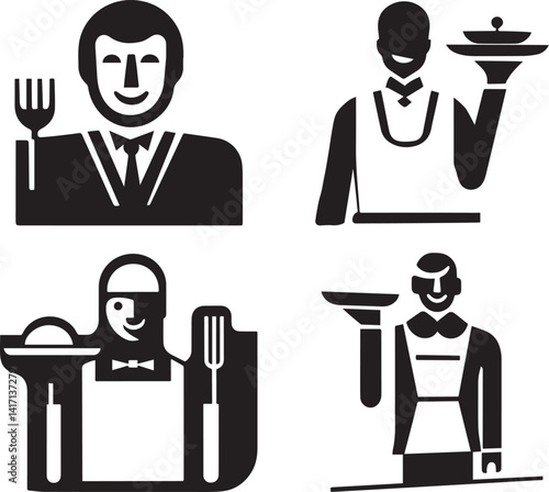 Four Restaurant Staff Icons in a Flat Style