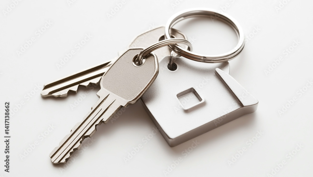 Silver house shaped key chain with keys on white background - symbol of real estate, homeowner gift, property Silver house shaped key chain with keys on white background - symbol of real estate, homeowner gift, property