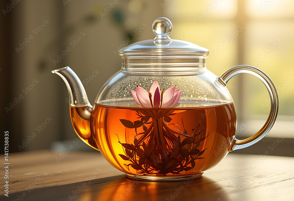 Blooming Flowering Tea in a Clear Glass Teapot, Unveiling a Delicate Pink Lotus Blossom in Warm Light Blooming Flowering Tea in a Clear Glass Teapot, Unveiling a Delicate Pink Lotus Blossom in Warm Light