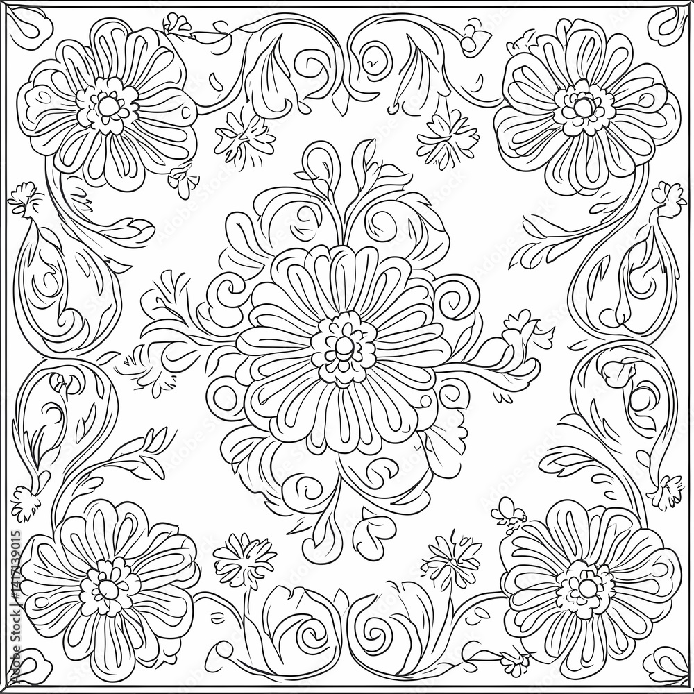 Ornate floral square pattern design, textile print Ornate floral square pattern design, textile print